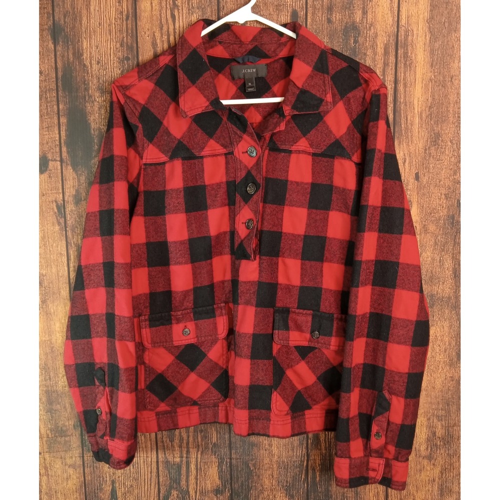J.Crew Womens Buffalo Check Wool Blend Pullover Jacket Red Black Plaid XL